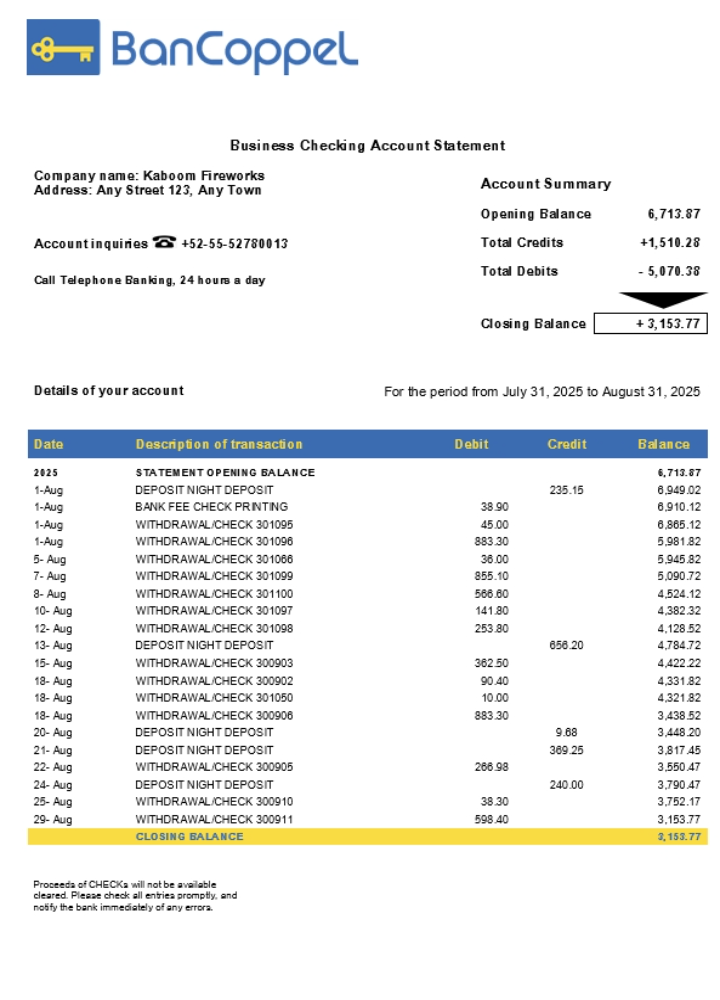 Download BanCoppel business organization checking  statement Word and PDF format (1) Photoshop template